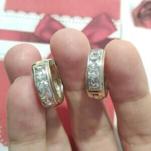 Princes cut CZ 925 Sterling Silver Huggie Hoop Round Earrings Pierced Signed